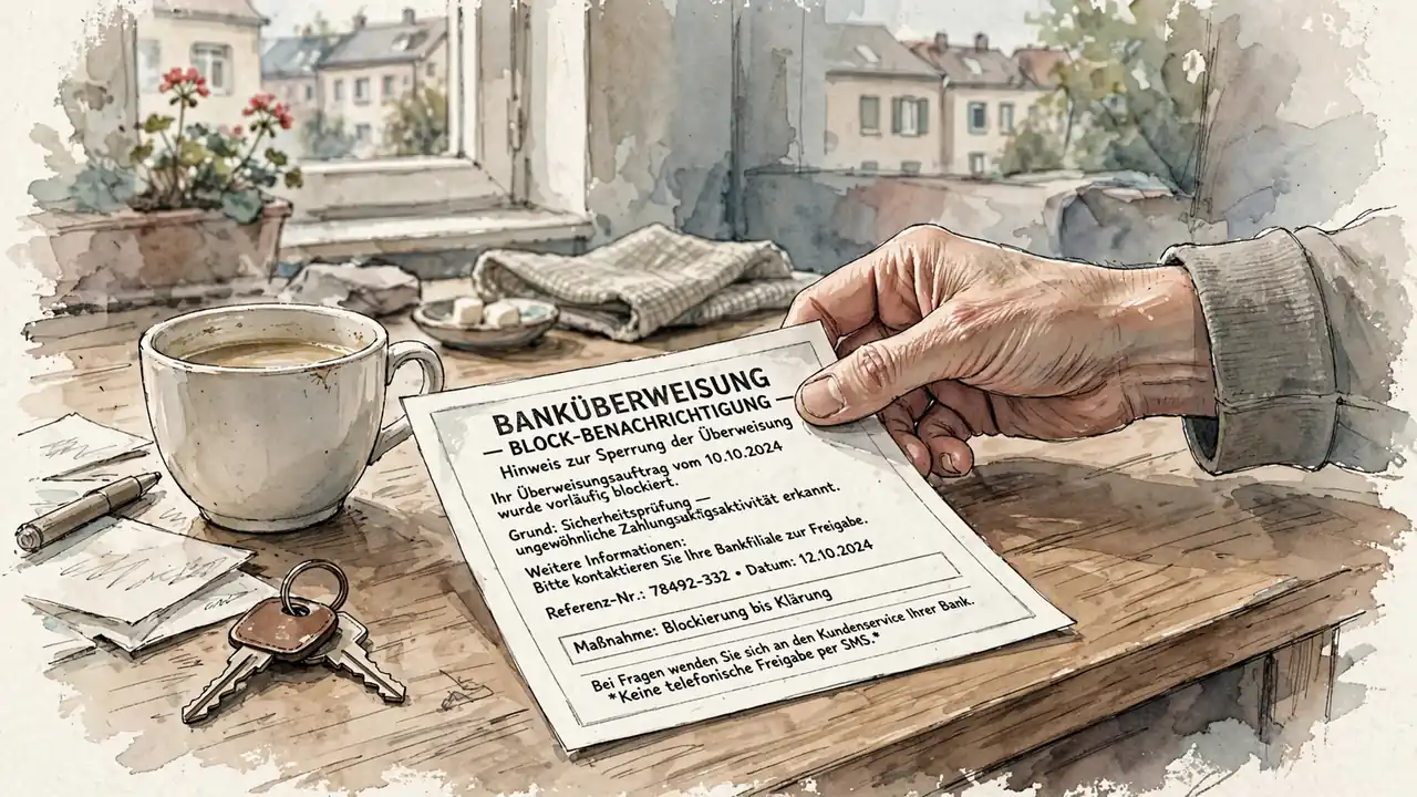 Hand legt eine Zahlungsblockade-Mitteilung auf einen Schreibtisch